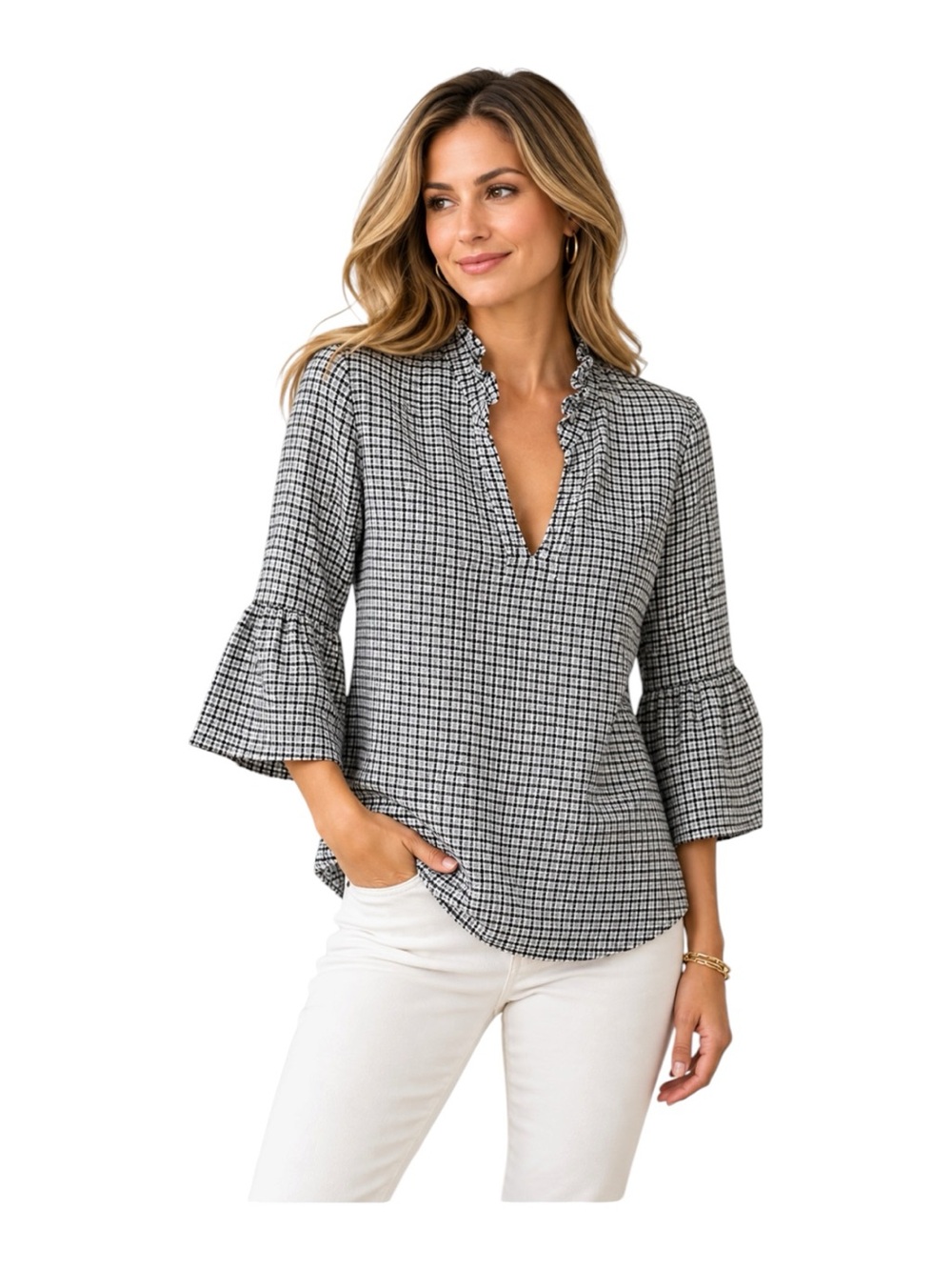 Mavens gray and black check womens blouse. Ruffle neck & bell sleeve. preowned